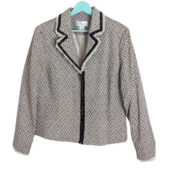 Silk Zip Front Blazer With Fringe Diamond Print Women's Size 14* - Picture 1 of 10